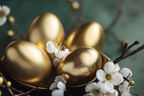 Golden painted Easter eggs with small white spring flowers. Generative AI, AI generated