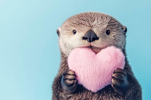 Cute sea otter holding plush heart in front of blue bakcground with copy space. Generative AI, AI