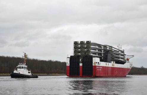 Ro-Ro Cargo ship, cargo ship Super Fast Levante travelling with rotor blades for wind turbines in