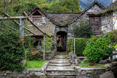 Typical Ticino stone houses in the mountain village of Bordei, Centovalli, Canton Ticino,