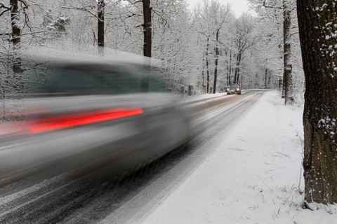 Winter road conditions with snow and icy conditions, here in Spitzgrund near Coswig, where there