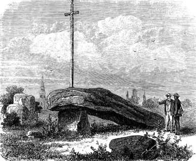 Half dolmen or demi dolmen at Kerland, Brittany, wooden cross, rock, church tower, two men,