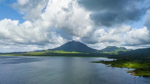 Aerial view, Arenal Volcano at Lago Arenal, Puntarenas, Costa Rica, Central America