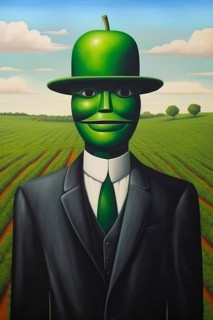 Surrealist representation of a man with green top hat in the form of an apple, AI generated