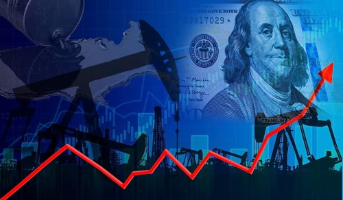 Rise in gasoline prices on financial graph with oil pumps. Oil price rise on financial graph,