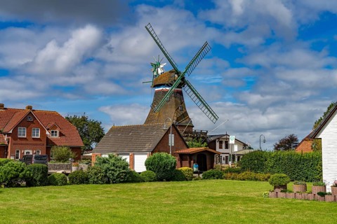 Engelmühle windmill in Süderhafen, Nordstrand peninsula, North Friesland district,