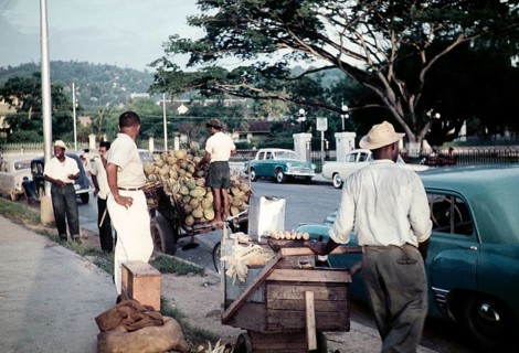 Street traders on pavement opposite Queen's Park Savannah, Port of Spain, Trinidad, 1963