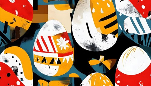 Illustration of an abstract Easter egg design with geometric patterns, bold colors, and a mix of