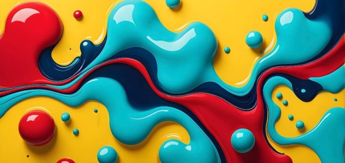 Abstract image with vibrant blue and red blobs and liquid shapes on a yellow background, AI