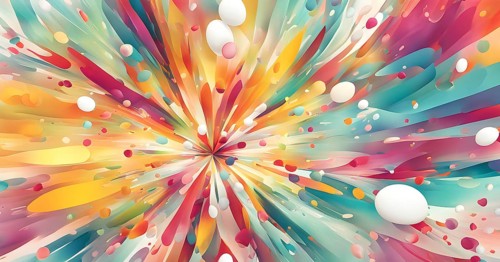 An energetic, abstract explosion of spring colors with egg and flower motifs subtly integrated,