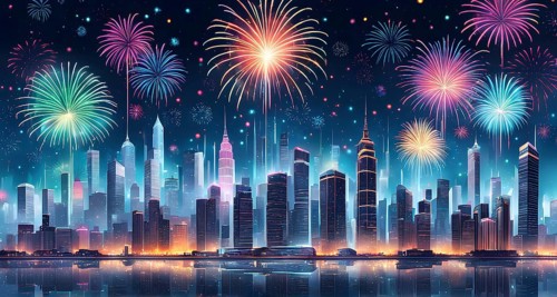Wallpaper illustration of a cityscape on New Year's Eve, with glowing skyscrapers and floating