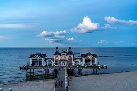 The pier of Sellin, evening mood, sunset, 394 metres long, with restaurant, jetty, beach chairs,