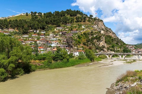 View including Berat Castle and Ottoman period Gorica bridge crossing River Osum, Berat, Albania,