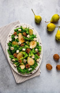 Keto Salad, pear with blue cheese and walnut, selective focus, no people, close-up