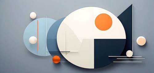 Minimalist composition of overlapping geometric shapes, such as circles, squares, and triangles,