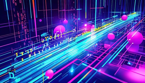 Abstract data stream flowing like liquid light, with sharp lines of code and binary numbers