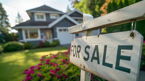 Home for sale real estate sign in front of house. generative AI, AI generated