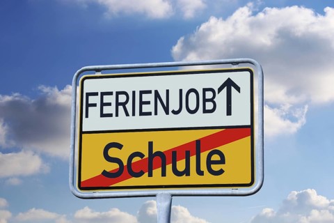 Symbolic image holiday job: Town exit sign with the words SCHOOL and HOLIDAY JOB (Composing)