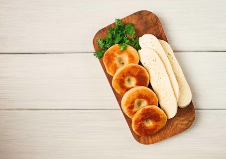 Mchadi, corn tortillas, traditional Georgian dish, corn bread, with Imeretian cheese, homemade, no