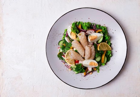 Salad of squid and vegetables, with egg, homemade, no people