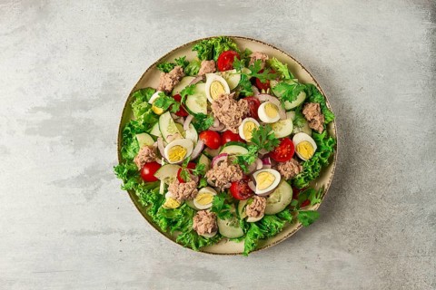 Tuna salad, vegetable salad with quail eggs, lettuce, red onion and cucumbers, on a light gray