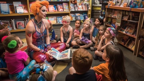 Drag queen reading A book to several young children in a bookstore, AI generated