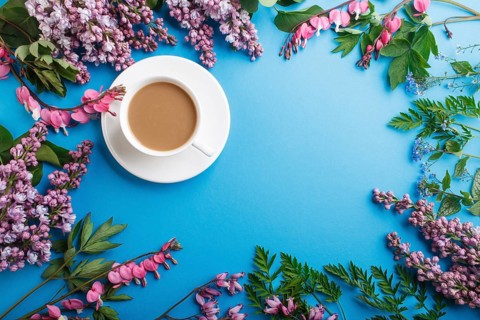 Purple lilac and bleeding heart flowers and a cup of coffee on pastel blue background. Morninig,