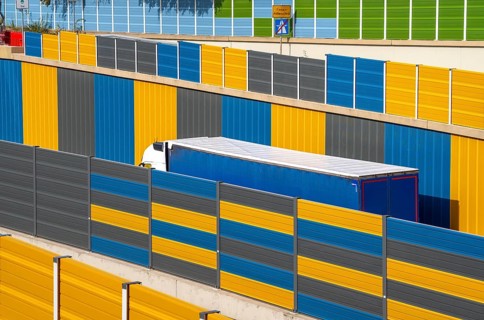 Colourful noise barriers on the A52 motorway, at the Essen-Rüttenscheid junction, the noise