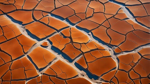 Aerial perspective of a salt and clay pan revealing the intricate patterns of its broken surface,
