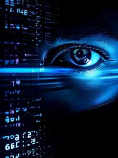 AI generated close up on security camera cyber hackers face digitally imposed on the lens