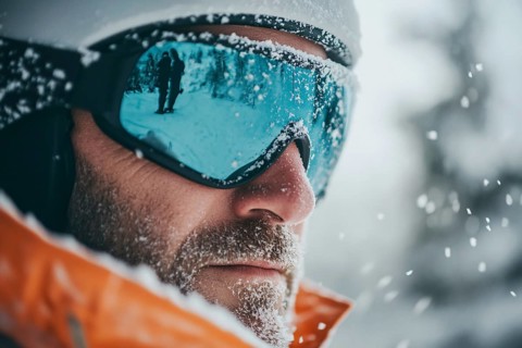 Close up of man's face with large skiing sunglasses and hat in winter. Generative Ai, AI generated
