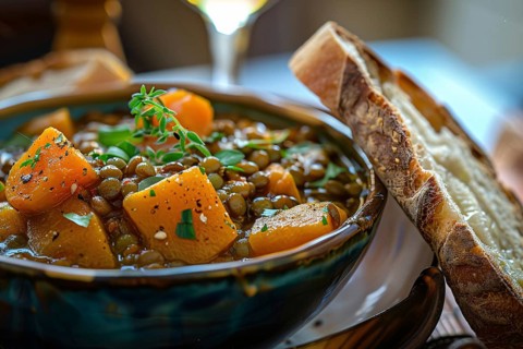 Bowl with pumpkin and lentil stew with slice of bread. Generative Ai, AI generated