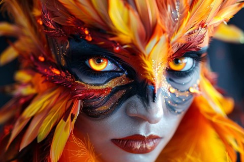 Woman's face with Halloween phoenix bird costume makeup with feathers. Generative Ai, AI generated