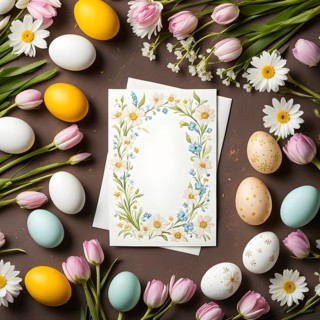 Easter card with delicate hand-drawn illustrations, placed among fresh flowers and decorated eggs,