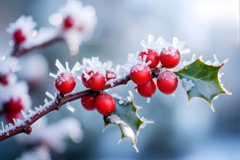 Frosty holly branch with vibrant red berries covered in delicate ice crystals, symbol for upcoming