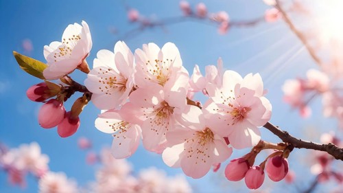 Blooming cherry blossoms with soft pink petals against a clear blue sky, with delicate sunlight