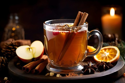 Steaming apple cider in a glass mug, garnished with a cinnamon stick and star anise, surrounded by
