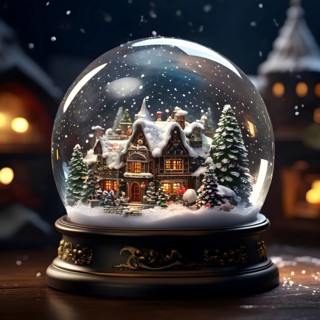 Snow globe with a tiny festive village inside, capturing the swirling snow and the light
