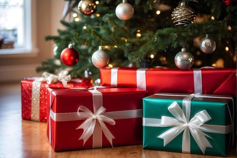 Beautiful wrapped Christmas gifts with shiny ribbons and bows stacked under a evergreen tree in a