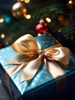 Close-up of a beautifully wrapped Christmas gift with a satin ribbon, set under a glowing Christmas