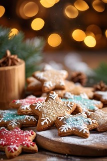 A detailed shot of Christmas cookies on a wooden table, featuring star-shaped cookies with colorful