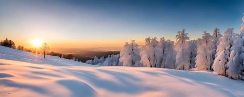 Footprints in fresh snow on a hill with a row of trees in winter in golden sunrise light, AI