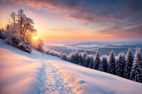 Footprints in fresh snow on a hill with a row of trees in winter in golden sunrise light, AI