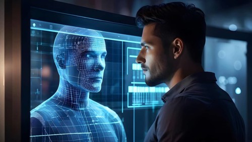 3d digital facial recognition displaying a male face with overlaid ai biometric data, AI generated
