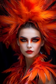 Portrait of woman adorned in a halloween phoenix costume, AI generated