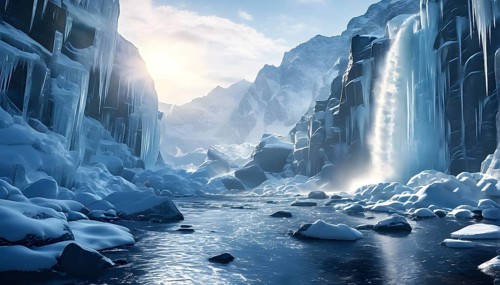 Winter landscape of a frozen waterfall, surrounded by icicles and snow-covered rocks, with the