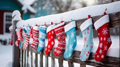 Row of Christmas stockings hanging from a snow-covered wooden fence, with delicate frost patterns