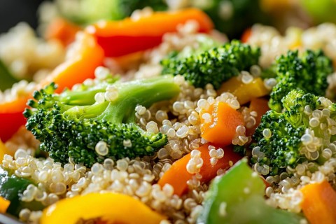 Close up of healthy vegan meal with quinoa and vegetables. Generative Ai, AI generated