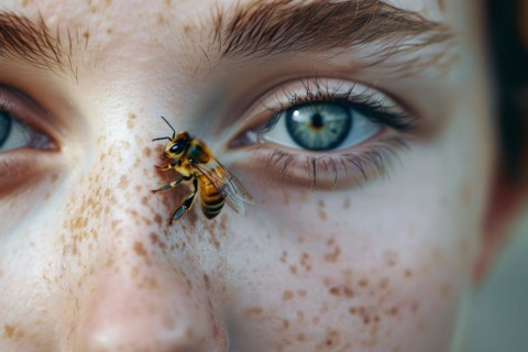 Close up of bee sitting on woman's face. KI generiert, generiert, AI generated