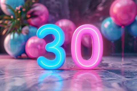 Neon pink and blue glowing number 30. KI generiert, generiert, AI generated